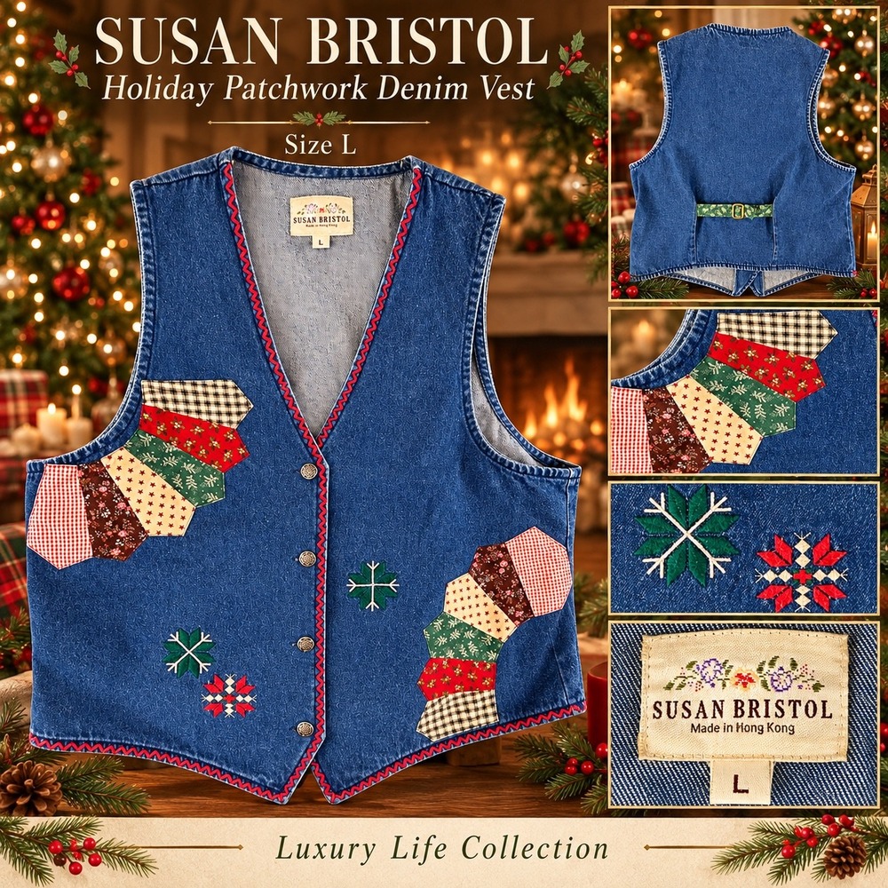 Susan Bristol Vintage Denim Patchwork Embroidered Holiday Vest Blue Large